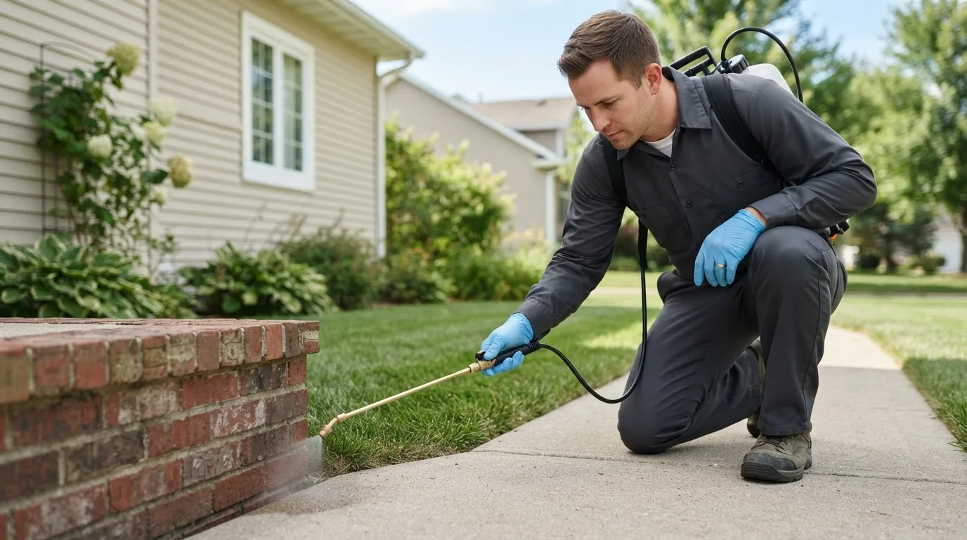 Pest control technician treating a home near Tuskegee, AL